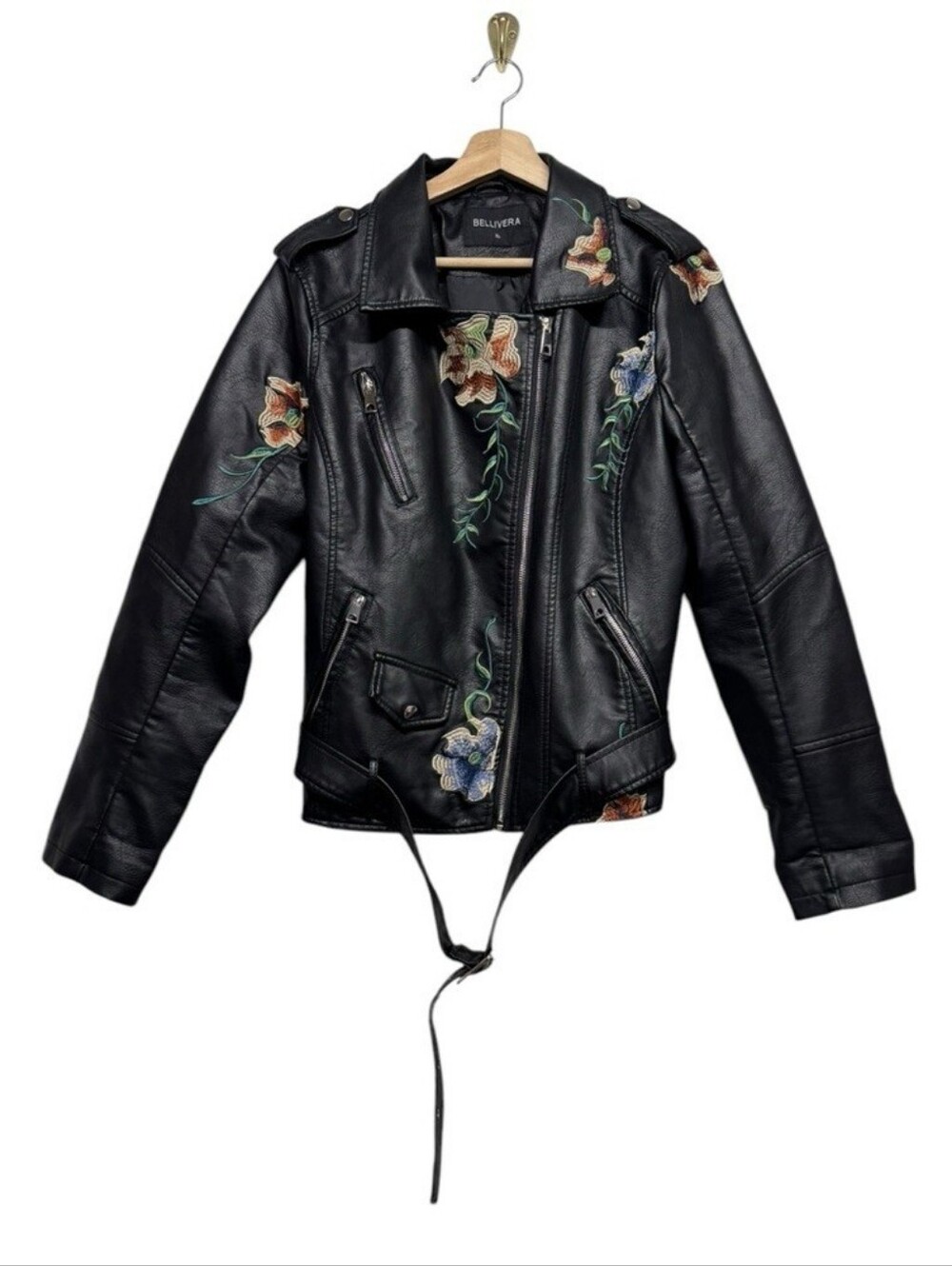 BELLIVERA Floral Vegan Leather Embroidered Moto Jacket Black - Picture 2 of 14